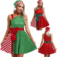 DE Damen Weihnachtsfrau Kostüm Zuckerrohr Weihnachtskostüm Pailletten Samtkleid