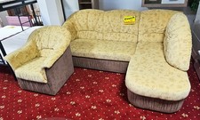 Eckcouch mit Schlaffunktion und Bettkasten + Sessel beige/braun gemustert (gebra