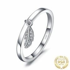 Damen Ring 925 Sterlingsilber Stapelbar Band Ring Baumelndes Blatt Silberring.