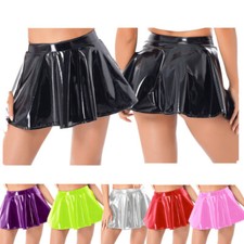 DE Damen Glänzend Kunstleder Faltenrock Hohe Taille Minirock Tanz Party Clubwear