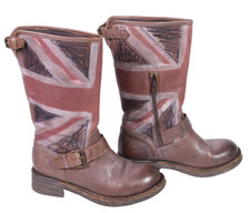 Stiefel Biker Boots Leder braun Gr. 36 England Flagge Stickerei Schnallen SH112