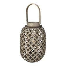 Laterne aus Holz + Rattan, 30cm groß, Windlicht aus Glas Boho Korbgeflecht Natur