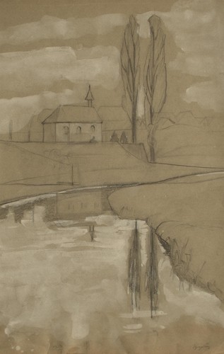 Flusslandschaft mit pappeln - flusslandschaft,