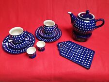 Frühstücksset Keramik blau mit weißen Punkten für 2 Personen