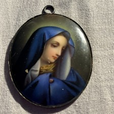 Antikes Porzellan Heiligenbild Maria in Blau / In 925 Silberrahmen !