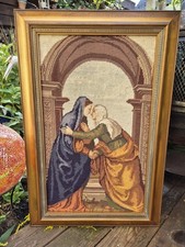 Vintage Gobelin Bild Stickbild Die Heimsuchung gestickt Holz Rahmen