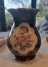 Kobaltblaue VASE ca 14, 5 cm mit Blumenmotiv und Goldrand Top Zustand