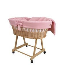 Stubenwagen Moseskorb AMELIA natürlich aus Weide mit Musselin Bettwäsche Rosa