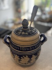 Keramik Rumtopf mit Messingkelle – Relief “an beiden Ufern des Rheins”, Vintage