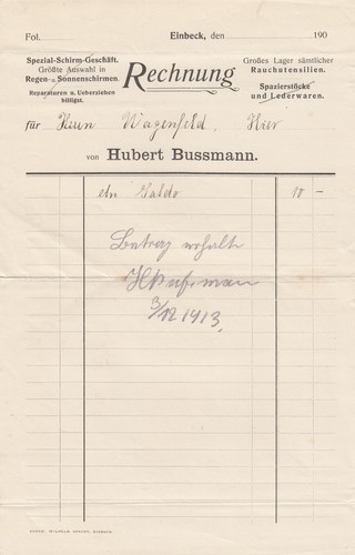 Einbeck rechnung 1913 hubert - rechnung, 1913,
