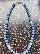 Edelstein Kette, Collier, Blauer Calcedon+Crushed Bergkristall 