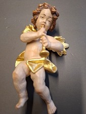 (T.)*HOLZFIGUR*WANDENGEL*PUTTO*GESCHNITZT*GEFASST*KLARIONETTE*HANDARBEIT*17CM*
