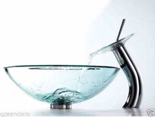 BADEZIMMER LUXUS GLASBECKEN PASSEND RUNDGLAS WASSERFALL WASSERHAHN + POP UP ABFALL 