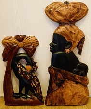 Dekoration Wandbild Holz Afrikanische Frau Tier 2 Stück