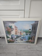 Schönes Ölbild  - Häuser am See - Boote - Gasse - Hafen- Mediterran