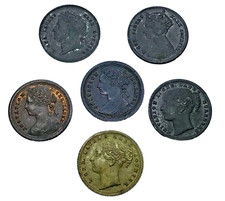 Sammlung von sechs britischen Victoria Spielzeuggeld von Lauer 12mm Gegenmarken #Y131