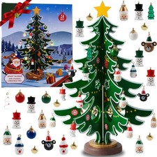 Adventskalender Mini Holz Weihnachtsbaum mit 24 Ornamente Tischdeko Weihnachten