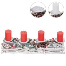 Adventskranz länglich, Weihnachtsdeko Adventsgesteck, Holz 11x15x50cm weiß-grau