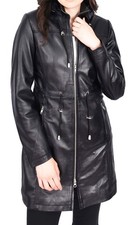 Damen Schwarz Leder Dufflecoat