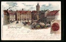Lithographie Darmstadt, Markt mit Marktbetrieb von oben, Siegel 1901 