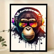 Coole Neon Party Dj gerahmte Affe in Kopfhörer Sonnenbrille Banksy 60 cm x 40 cm C
