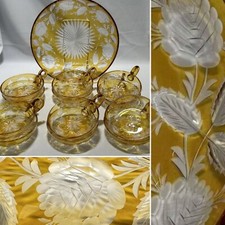 ANTIKES MOSER 13-teiliges BERNSTEINSCHLIFF AUF KLARGLAS Dessert Set GRAVIERTE ROSE 9”, 4”