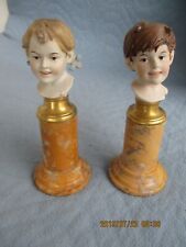 1 Paar antike Büsten Mädchen Junge signiert  aus Porzellan Sockel Marmor H. 14cm