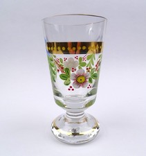 Vintage Fußbecher Retro Glasbecher Andenkenbecher mit Emaillemalerei Goldrand