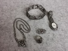 Vintage Trachtenschmuck Set Silber 835 Uhr, Armband, Collier, Ring, Brosche