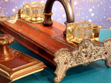 Schreib tisch set Garnitur ANTIK Stift Ablage 2xTintenfass Löschwiege museal