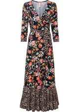 Maxikleid Gr. 36/38 Schwarz Rot Geblümt Damen 3/4 Arm Freizeitkleid Dress Neu