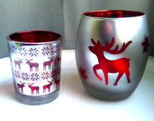 Glas Wind- Licht Teelicht Kerzenhalter Hirsch Winter Wald Weihnachten rot Deko