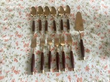 Vintage 13 tlg Kuchenbesteck  f. 6 Personen Bronze Rosenholzgriff Seewasserfest