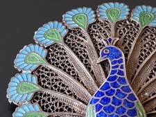 Antik Schmuck Silber 925 Brosche Pfau, Pfauen- Brosche, Emaille 