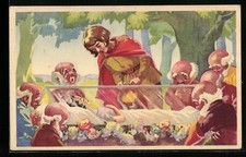 Ansichtskarte Prinz und Zwerge mit Schneewittchen im gläsernen Sarg 