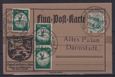 Flugpost am Rhein und Main, grüne 30Pfg 3x auf Postkarte, O Darmstadt 22.6.12