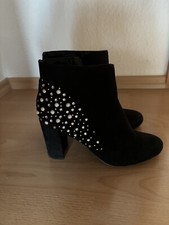 Stiefeletten schwarz 38 Perlen Strass Wildlederoptik Blockabsatz