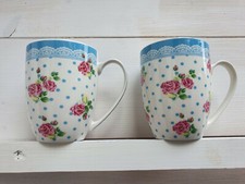 Tassen Set 2 Teebecher Kaffeebecher Rosen Hellblau Porzellan  Vintage 10 cm 