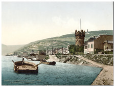 Deutschland, Rüdesheim mit Adlerturm und Niederwald-Denkmal Vintage photochrom