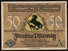 Notgeld Stuttgart 1921, 50 Pfennig, Springendes Pferd und Altes Schloss mit Sti 