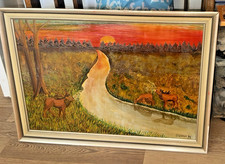 Vintage Ölbild „Hirsche im Sonnenuntergang“ – signiert Stübner 1971