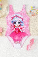 Mädchen Badeanzug in Pink mit Schneeflocken- und Prinzessin-Motiv, Gr.122/128