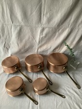 Antik/ Vintage Französisches Kupfer-Messing-Zinn Pfannen 5 Stück Set.