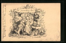 Künstler-AK Ludwig Richter: Familienszene mit Hund in einer Laube 