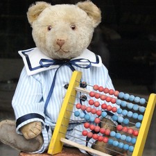 Antiker Educa Teddy Bär 1920 48cm groß mit Puppenkleidung und Rechenmaschine