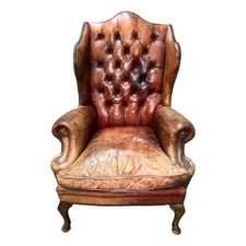 Q' Vintage Chesterfield Ohrensessel aus braunem Leder Original, um 1880