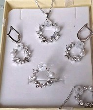 925Silber Set OHRRINGE Ring gr6,5 Kette mit Anhänger Armband, 14k weißvergoldet.