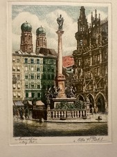 signierte Radierung Otto Ferdinand Probst ( 1865 - 1923 )  München Marienplatz