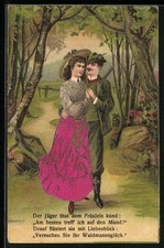 Stoff-Präge-AK Jäger und Frau im Wald, Der Jäger thut dem Fräulein kund: Am bes 