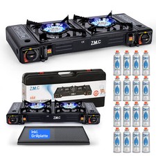 2 flammig Campingkocher Outdoor Camping Gas Kocher Grillplatte +16x Gaskartusche